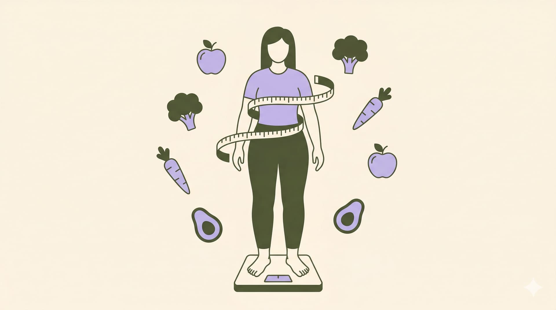 Illustration of BMI calculation with scales and healthy food