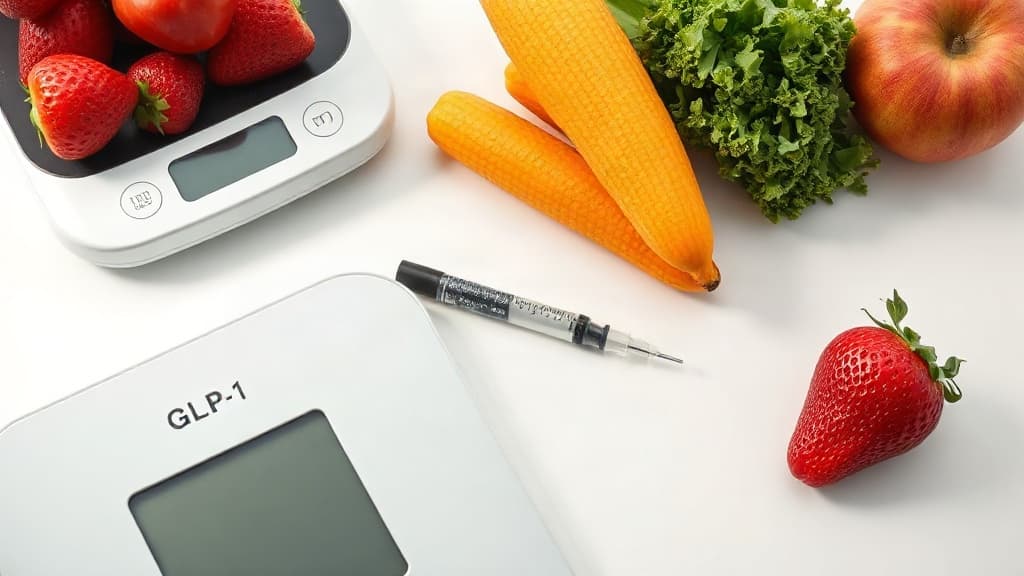 GLP-1 injectiepen naast weegschaal symboliseert afslankmedicatie en levensstijlverandering