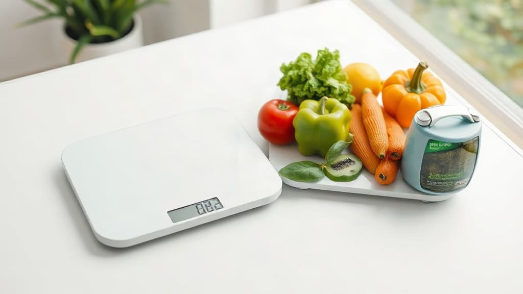 Weegschaal en gezonde voeding symboliseren gewichtsverlies met afslankmedicatie en leefstijl