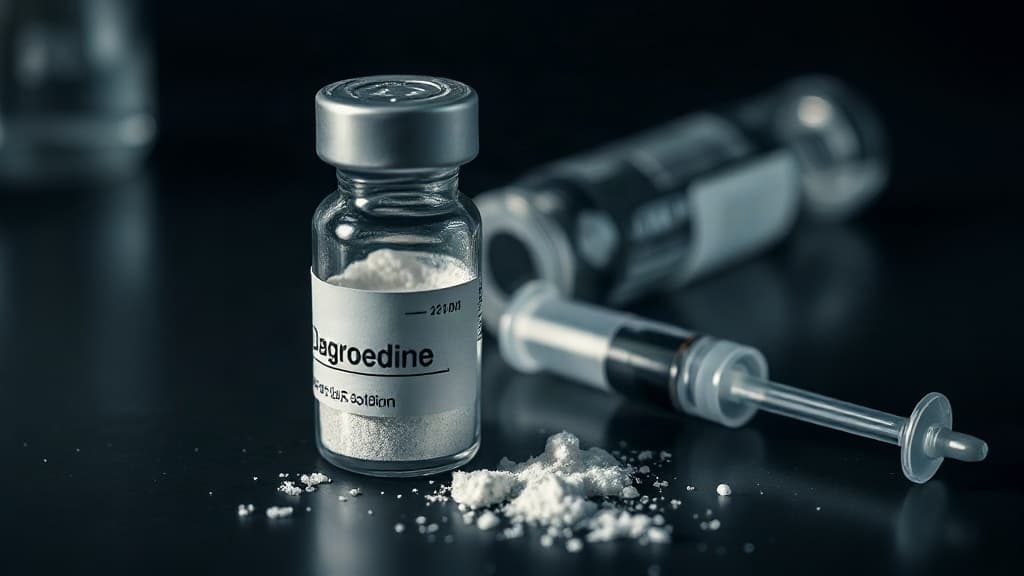 Onofficieel flesje retatrutide poeder zonder etiket naast een injectiespuit op donkere achtergrond